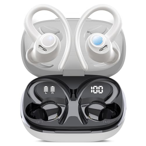 Wireless Earbuds, Bluetooth 5.4 Headphones Sport Over Ear Buds with ENC Mic | Noise Cancelling Mic,48H, Wireless Earphone With Earhooks, Stereo Deep Bass, IP7 Waterproof ear bud for Workout Running,White - color: White