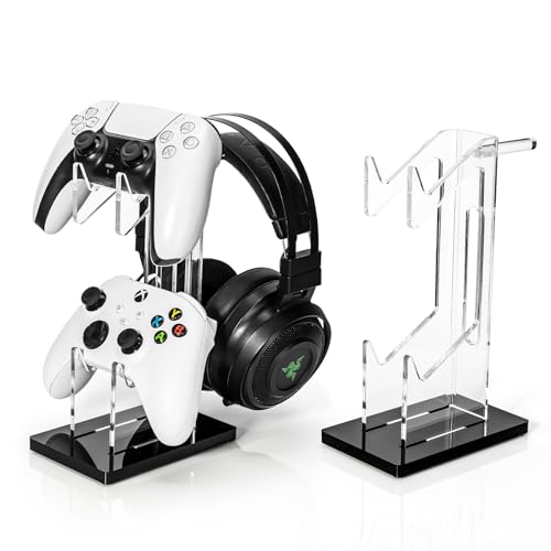 OAPRIRE Headset and Controller Stand, Space-Saving 2 Tier Game Controller Holder, Acrylic Controller and Headset Stand for Desktop, Universal Design Compatible with PS5/PS4/Xbox/Switch (Deep Black) - color: Black, size: 2 Tier-without lights