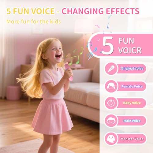 Mini Karaoke Machine with 2 Wireless Microphones for Kids Portable RGB Bluetooth Speaker Birthday Gift Toys for 3 4 5 6 7 8+ Year Old Girls Boys - color: Pink