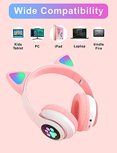 Kids Bluetooth Wireless Over-Ear Cat Ear Headphones with Microphone for Kids Teens Adults (Pink) | Over-Ear Cat Ear Headphones with Microphone - color: Pink