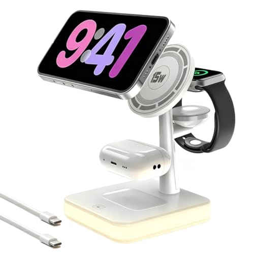 4-in-1 Magnetic Wireless Charging Station with LED Light for iPhone Series | Nightstand Wireless Charging Station for iPhone 13-17,Watch 10/9/8/7/Ultra 2/SE 2, Earbuds 4/3/2for Office Desk for Travel