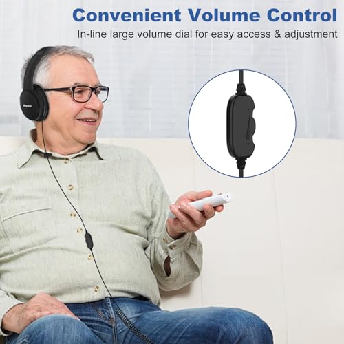 Joysico 19.5Ft / 6M Extra Long Cord Headphones for TV PC w Volume Control | Spring Coiled Cable, RCA Adapter, 3.5mm Wired Plug & Play, Comfortable Headset Over Ear Earphones for Seniors Hard of Hearing