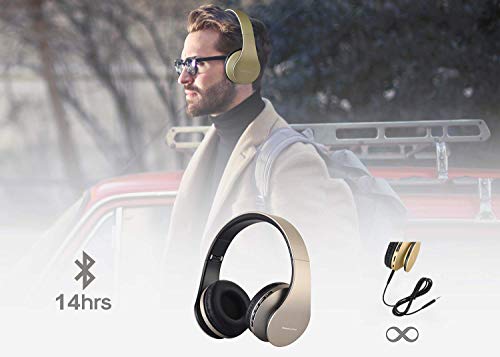 PowerLocus Wireless Bluetooth Over-Ear Stereo Foldable Headphones, Wired Headsets Rechargeable with Built-in Microphone for iPhone, Samsung, LG, iPad (Gold) - color: Gold