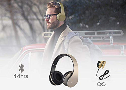 PowerLocus Wireless Bluetooth Over-Ear Stereo Foldable Headphones, Wired Headsets Rechargeable with Built-in Microphone for iPhone, Samsung, LG, iPad (Gold) - color: Gold