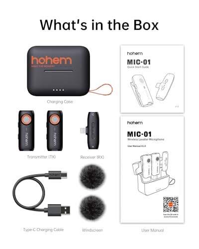 Hohem MIC-01 Wireless Lavalier Microphone for iPhone iOS Vlog Live, Noise Reduction (2TX+1RX Charge Case) - color: Lighting