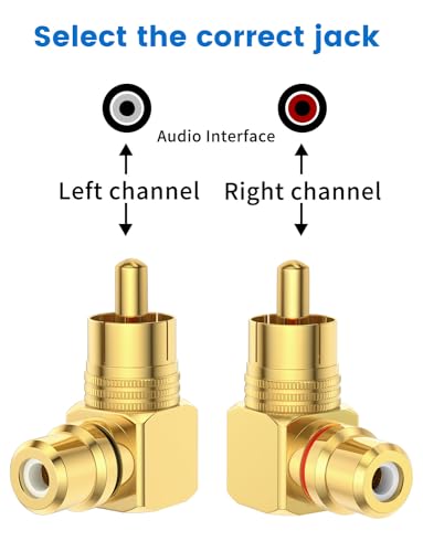 90° RCA Adapter Right Angle RCA Connector 2-Pack | Pure Copper, 24K Gold Plated RCA Male to Female Adapter for Wall-Mount TVs, Home Theater Systems, Subwoofers & Amplifiers - color: Gold - 2 Pack