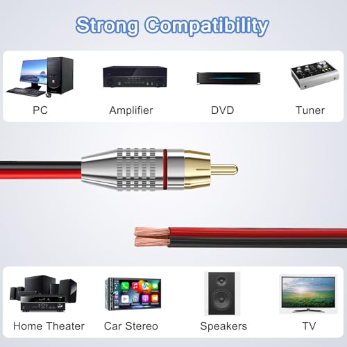 RCA to Speaker Wire Adapter 6.6FT 14AWG, RCA to Bare Wire Cable, RCA Male Plug to Speaker Cable for Amplifier Subwoofer AV Receiver Home Theater Audio Repair Replacement