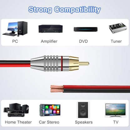 RCA to Speaker Wire Adapter 6.6FT 14AWG, RCA to Bare Wire Cable, RCA Male Plug to Speaker Cable for Amplifier Subwoofer AV Receiver Home Theater Audio Repair Replacement