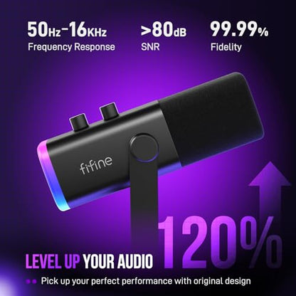 FIFINE USB/XLR Dynamic Microphone with Audio Mixer&RGB Boom Arm Kit, Streaming Mic with Quick Mute, PC Mixer with 48V Phantom Power, RGB Metal Mic Arm with 3/8" to 5/8" Screw for Podcast-AM8+SC3+BM38
