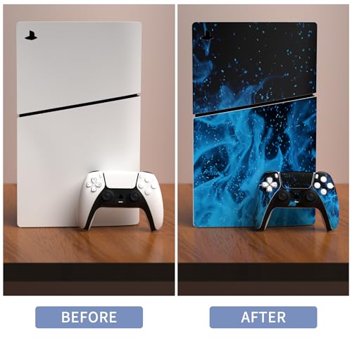 PlayVital Full Set Skin Sticker for ps5 Slim Console Disc Edition (The New Smaller Design), Vinyl Skin Decal Cover for ps5 Controller & Headset & Charging Station & Media Remote - Blue Flame - color: Blue Flame