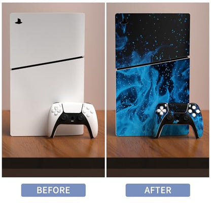 PlayVital Full Set Skin Sticker for ps5 Slim Console Disc Edition (The New Smaller Design), Vinyl Skin Decal Cover for ps5 Controller & Headset & Charging Station & Media Remote - Blue Flame - color: Blue Flame
