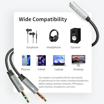 EZ EAR KBEAR KA01 Headphone Splitter，4N OFC Headset Splitter Cable for Computer 3.5MM Female to 2 Dual 3.5mm Male Braided Audio Cable Earphones Port Cord Gaming Headset to PC Laptop Adapter (3.5mm)