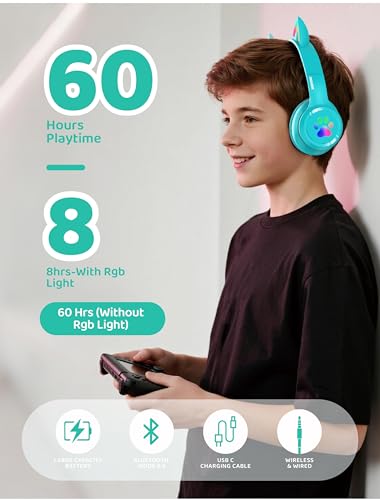 MIDOLA Bluetooth Headphones Wireless Cat Ear 60H/8H with LED Light Mic Cyan | Adjustable Headband Foldable Over-Ear Headset for Kids/Tablet/iPad/Laptop,HD Stereo Sound,Aux Aux 3.5mm - color: Cyan