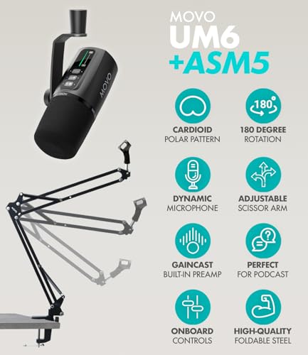 Movo Pro Portable Podcast Equipment Bundle for iPhone/Android Phones- Podcast Kit with Audio Interface, 2 UM6 Dynamic Mics, 2 Headphones, 2 Boom Arms - for Smartphones, Computers, PC, Mac - style: with Boom Arms and Headphones