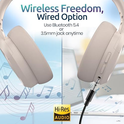 ANC Wireless Bluetooth 5.4 Headset, ENC Built-in Mic for Clear Calls, Hi-res, Foldable, Breathable Over Ear Comfort, Low Latency, Lightweight, 3.5 mm Audio Cable, Wired, for Cell Phones, Tablets, PC’s - color: White