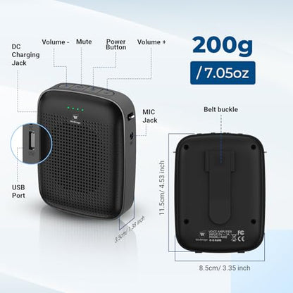 15W Wireless Voice Amplifier with Bluetooth Headset Microphone for Teachers | Portable Mini PA System, 2-in-1 Headset & Handheld Mic, 12H Battery, USB, Belt Clip, for Classroom, Training & Presentations