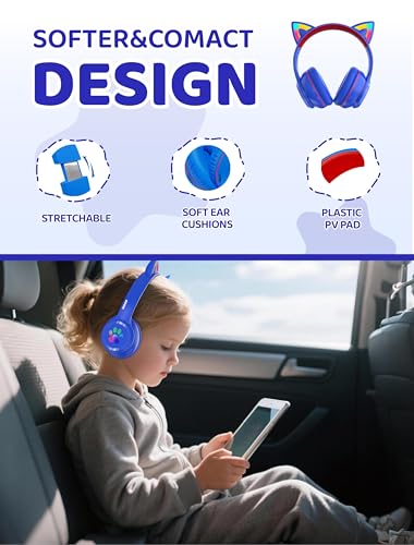 Bluetooth Headphones Wireless Cat Ear 60H/8H with LED Light Mic Blue | Adjustable Headband Foldable Over-Ear Headset for Kids/Tablet/iPad/Laptop,HD Stereo Sound,Aux Aux 3.5mm - color: Blue
