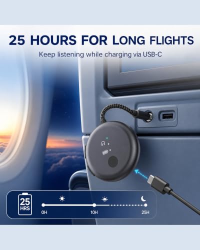 Avantree SoundJet R1 - Airplane Bluetooth Adapter for AirPods, 25H | Qualcomm aptX Adaptive & HD, dual-headphone pairing, 25-hour battery, USB-C charging, and single/dual airline plugs - color: 6. Metallic Black