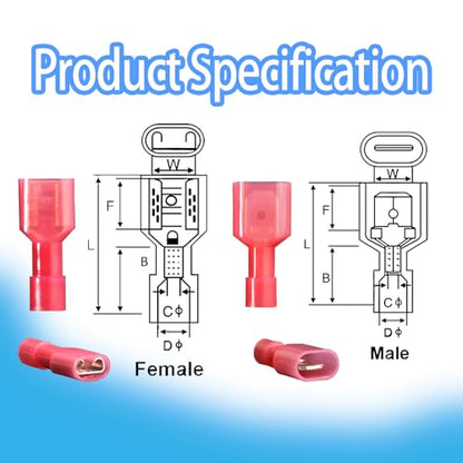 50PCS Nylon Spade Quick Disconnect Connectors Kit 22-10 AWG Male and Female Electrical Wire Connectors Kit Electrical Insulated Wire Crimp Cold-Pressed Terminals for Automotive,Electronics - size: Female&Male(50PCS)
