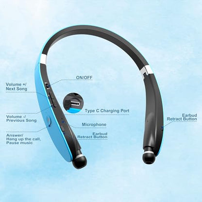 Bluetooth Neckband Headphones, Foldable Wireless Lightweight Neck Headset with Retractable Earbuds, Noise Cancelling Sweatproof Stereo Earphones with Mic & Carrying Case - color: Light Blue