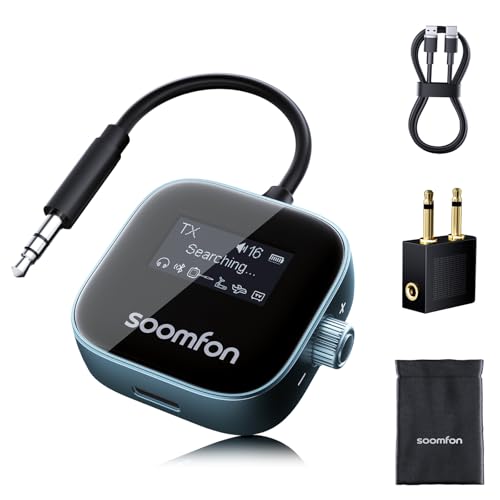 SOOMFON Airplane Bluetooth 5.3 Transmitter Receiver for TV to 2 Headphones | Airplane Bluetooth Adapter Low Latency with LCD Display 3.5mm for Plane Flying Gym Car Home Stereo System 15H Long Playtime