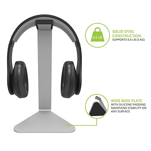 Kanto H1 Universal Headphone Stand - Silver - Solid Steel Construction - Curved Silicone Resting Surface - color: Silver, style: H1 Universal