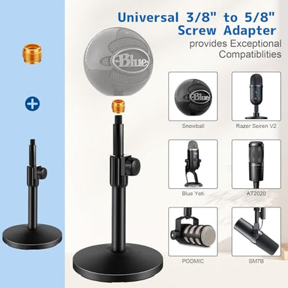Versatile Desktop Microphone Stand, Adjustable Table Mic Stand with Large Microphone Clip, Cell Phone Clip, 5/8" Male to 3/8" Female Metal Adapter