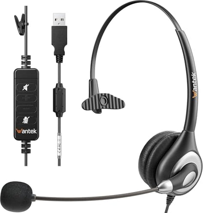 Wantek USB Headset with Microphone for PC, Computer Headset with Noise Canceling Microphone with Mute for Home Office Online Skype Zoom Meetings - color: silvery