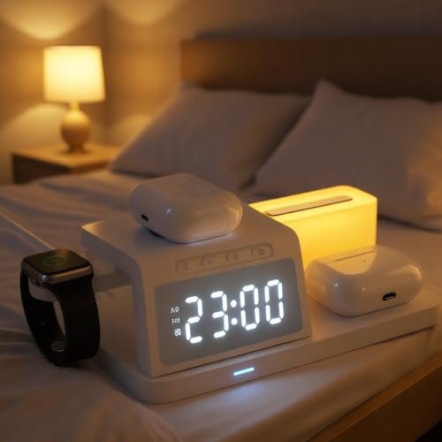 IHAO 6in1Digital Alarm Clock with Wireless Charging Station Night Light 15W Fast Charging for Qi Phone Headphone Bracket for iWatch Charger LED Display Dimmable Brightness-HT309 Black - color: Wireless Charger Alarm Clock Ht309 Black