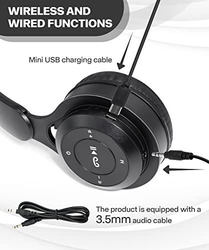Kids Bluetooth Headphones, On Ear Wireless Headsets for Children with Built-in Microphone, Foldable Stereo Detachable Aux 3.5mm Cord, Kids Headphones for Boys Girls School iPad Tablet (Black)