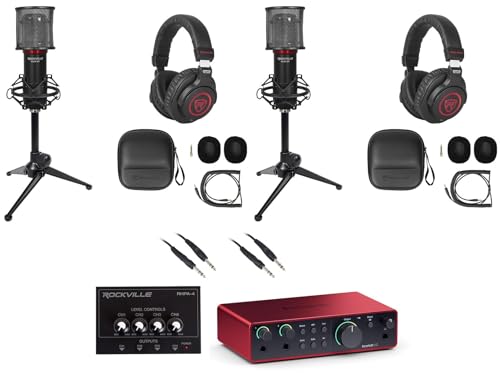 Audiosavings Bundle: Focusrite Scarlett 2i2 4th Gen USB Audio Interface Bundle with Rockville RHPA4 4 Ch Amp+(2) RDTS Stand+RCTR106B Cable+(2) RCM SR Studio Mic+(2) PRO-M50 SR Headphones (9 Items)