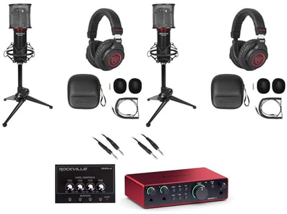 Audiosavings Bundle: Focusrite Scarlett 2i2 4th Gen USB Audio Interface Bundle with Rockville RHPA4 4 Ch Amp+(2) RDTS Stand+RCTR106B Cable+(2) RCM SR Studio Mic+(2) PRO-M50 SR Headphones (9 Items)