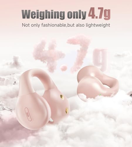 King Lucky i21 Open Ear Clip On Earbuds Wireless Bluetooth Ear Clip Headphones with Mic,Noise Cancelling, Waterproof IPX4,for Small Ears,Perfect for Running,Sports,Glasses Wearers (Pink) - color: Pink