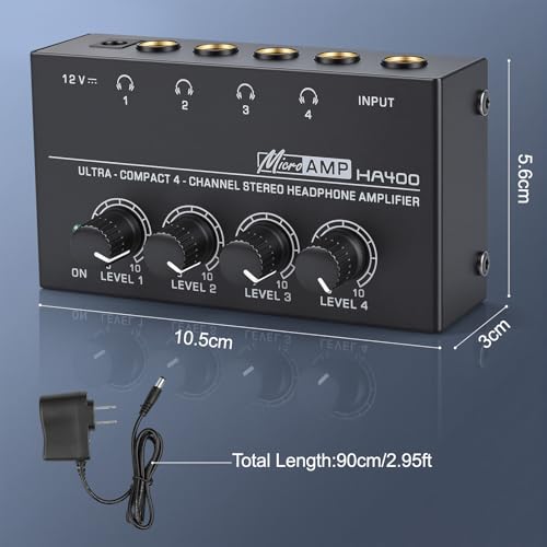 4 Channel Headphone Amplifier, Mini Metal Stereo Audio Amp with 1/4" TRS Input & 4 TRS Outputs, 12V Power Adapter, Portable Headphone Splitter Amplifier for PC, Guitar, Studio, Stage
