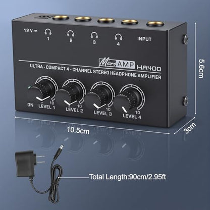 4 Channel Headphone Amplifier, Mini Metal Stereo Audio Amp with 1/4" TRS Input & 4 TRS Outputs, 12V Power Adapter, Portable Headphone Splitter Amplifier for PC, Guitar, Studio, Stage