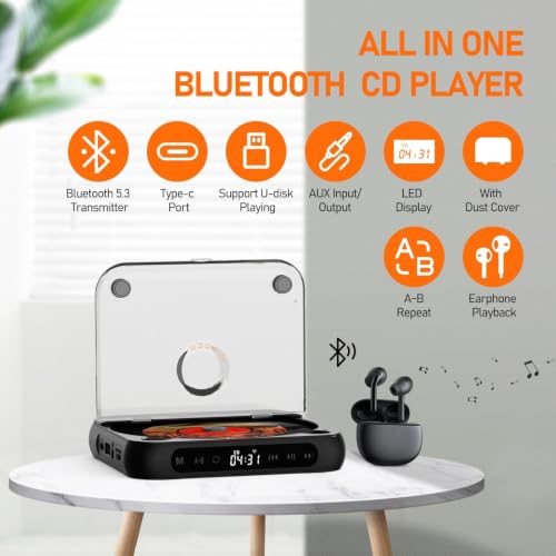 ENVYCLOUD CD Player Portable with Dual Stereo Speakers, Rechargeable Portable CD Player with Bluetooth for Home with Headphones,Black - color: black