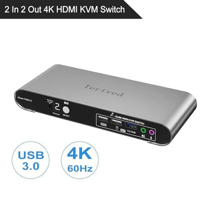 2 Computers 2 HDMI Monitors KVM Switch 4K@60Hz, Hotkey Switching, EDID, Audio and Microphone, Aluminum Alloy Shell,Digital Display, Dual Monitor USB 3.0 Hub, HDR10 with Cables - style: 2 PCs 2 HDMI Monitors 4K60