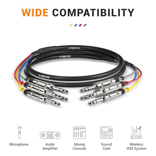 Phenyx Pro 4-Channel 1/4-Inch TRS Snake Cable 6 ft PCBL-QR4IN1-6 | 4-in-1 Color-Coded Patch Cable, 1/4-Inch Balanced TRS to TRS, 24 AWG OFC Audio Cable, Copper, Guitar, Bass, Amp - size: 6 Feet