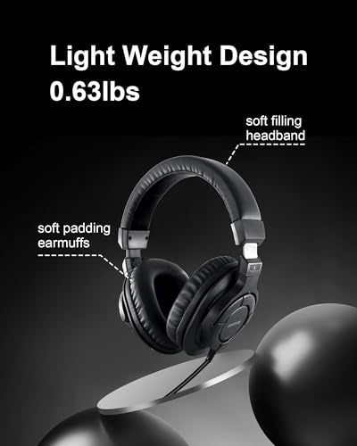 SUUNTOK Over Ear Wired Headphones MR810, Studio Monitor Headset with Closed Back Design Flexibale Professional Stereo Headphone with 3m Cable for Studio Monitering, Recording, Podcasting (Black)
