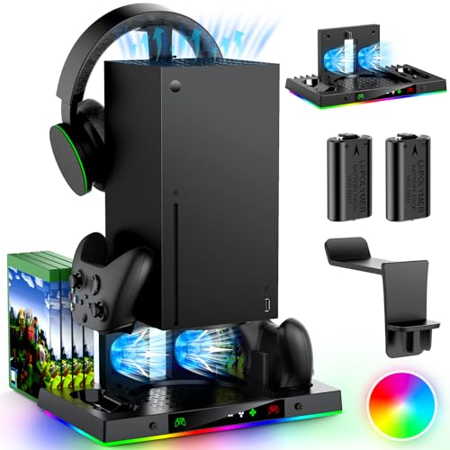 Upgrade Cooling Fan &Dual Charge Stand for Xbox Series X Console&Controller | Cooler Charger Station System for XSX with 15 RGB Light, 2x1400mAh Rechargeable Battery, Disc Accessories Storage (Black) - color: Black