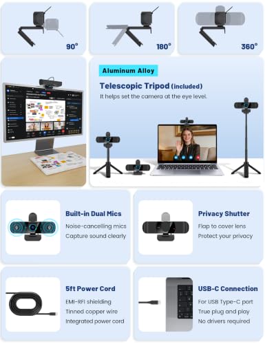 Pro UHD 4K/30fps Webcam with Tripod, External USB-C Camera for PC/Laptop | Dual noise-cancelling mics | Auto-focus | Wide-angle | Low-light correction | 360° rotation | CMOS sensor | Plug and Play - style: 4K | 30fps | USB-C Cable | Tripod Included