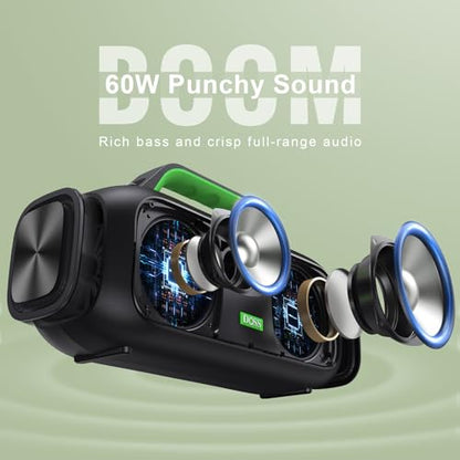 DOSS Extreme Boom Portable Bluetooth Speaker with 60W Mighty Sound-Green | 60W Deep Bass, 30H Playtime,10400mAh Power Bank, IPX6 Waterproof, TWS, BT 5.3, For Camping, Beach, Pool, Grage, Parties. - color: Green
