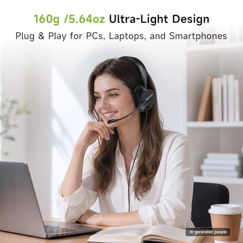 Acer Headset with Microphone for PC, ENC Noise-Cancelling Mic, USB-C/USB-A | 40mm drivers, 160g lightweight comfort, in-line mute & volume controls, 1.8m cable, plug-and-play, all-day office use