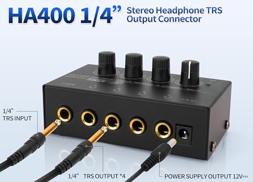 HA400 Headphone Amplifier 4 Channel Metal Stereo Audio Amplifier | Mini Earphone Audio Amplifier, 12V 1A Power Adapter, 1/4" TRS Headphones Output, TRS Audio Input, PC Guitar Studio Stage