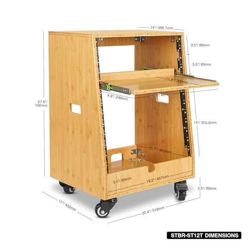 Sound Town DIY Solid Carbonized Bamboo Slanted 12U Studio Rack (4U Top + 8U Lower), with 2U Bottom Storage, Slide-Out Tray, Caster, For Recording Room, Home Studio (STBR-ST12T) - size: 12U(4U Top + 8U Lower),Carbonized Bamboo