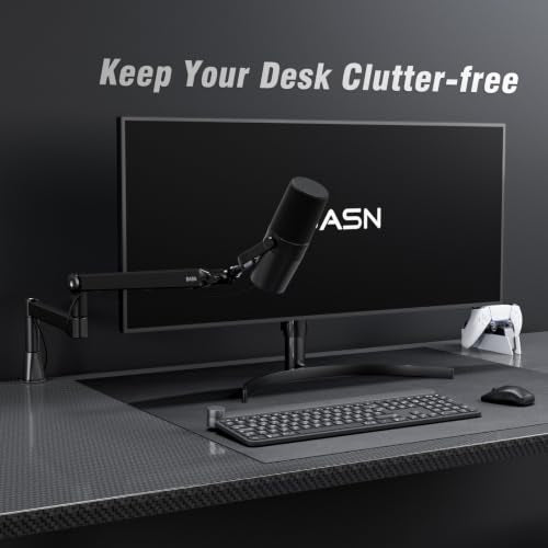 BASN Low Profile Microphone Boom Arm Stand with Desk Clamp - Rotatable & Storable Design, Cable Management Channel, 3/8" to 5/8" Thread Adapter for Podcast, Gaming, Streaming, Vocal Recording