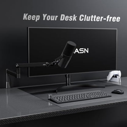 BASN Low Profile Microphone Boom Arm Stand with Desk Clamp - Rotatable & Storable Design, Cable Management Channel, 3/8" to 5/8" Thread Adapter for Podcast, Gaming, Streaming, Vocal Recording