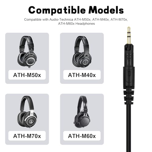 Replacement ATH-M50x Cable Compatible with Audio-Technica ATH-M50x, ATH-M40x, ATH-M70x, ATH-M60x Headphones, 2.5mm to 3.5mm(1/8") Audio Cord with 6.35mm(1/4") Adapter (6.6FT) - size: 6.6FT