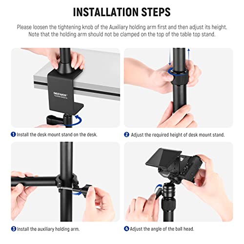 NEEWER Camera Desk Mount with Overhead C Amera Mounting Arm and 1/4" Ball Head, 17" - 41" Adjustable Tabletop Light Stand with C Clamp for DSLR Camera, Ring Light, Webcam, Photo Video Shooting - style: TL253A+CR221A