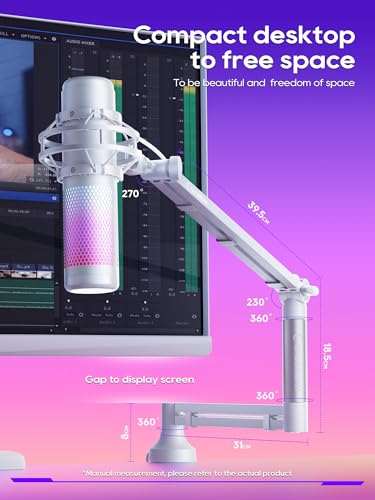 Low Profile Mic Arm, 360° Rotatable Microphone Boom Arm Mic Stand for Fifine AM8 K669B Blue Yeti HyperX shure sm7b SoloCast AT2020, with Mic Clip 3/8" to 5/8", White - color: White (M05 pro)